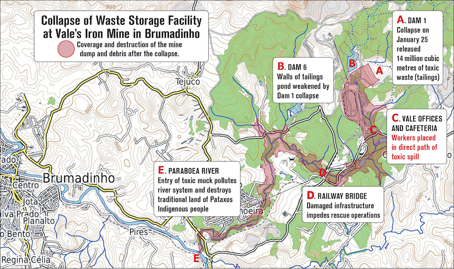 Map of tailings dam collapse disaster east of Brumadinho at the Mina Córrego do Feijão.